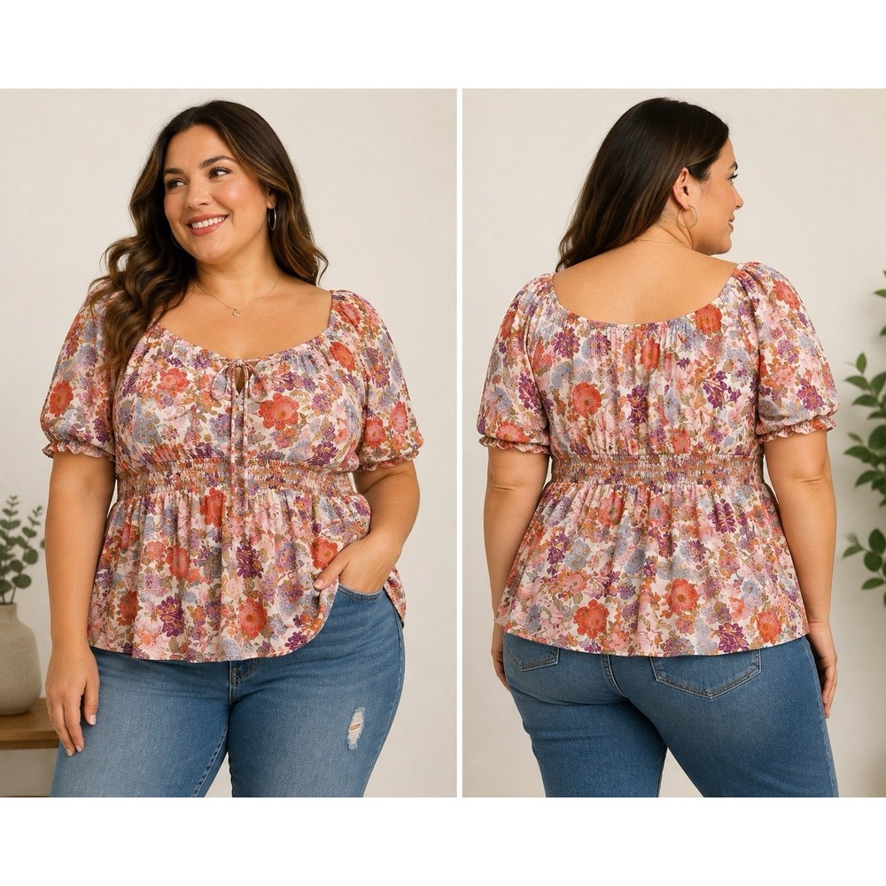 Torrid Georgette Eyelet Smocked Waist Puff Sleeve Top Size 4 Floral Blouse